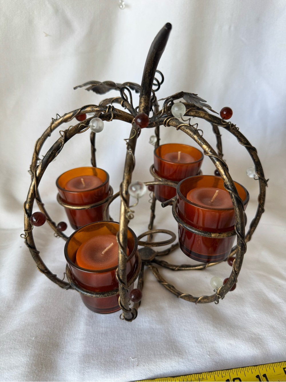 Metal Pumpkin 4-Votive Candle Holder w/ Amber Glass Cups, Rustic, Antique
